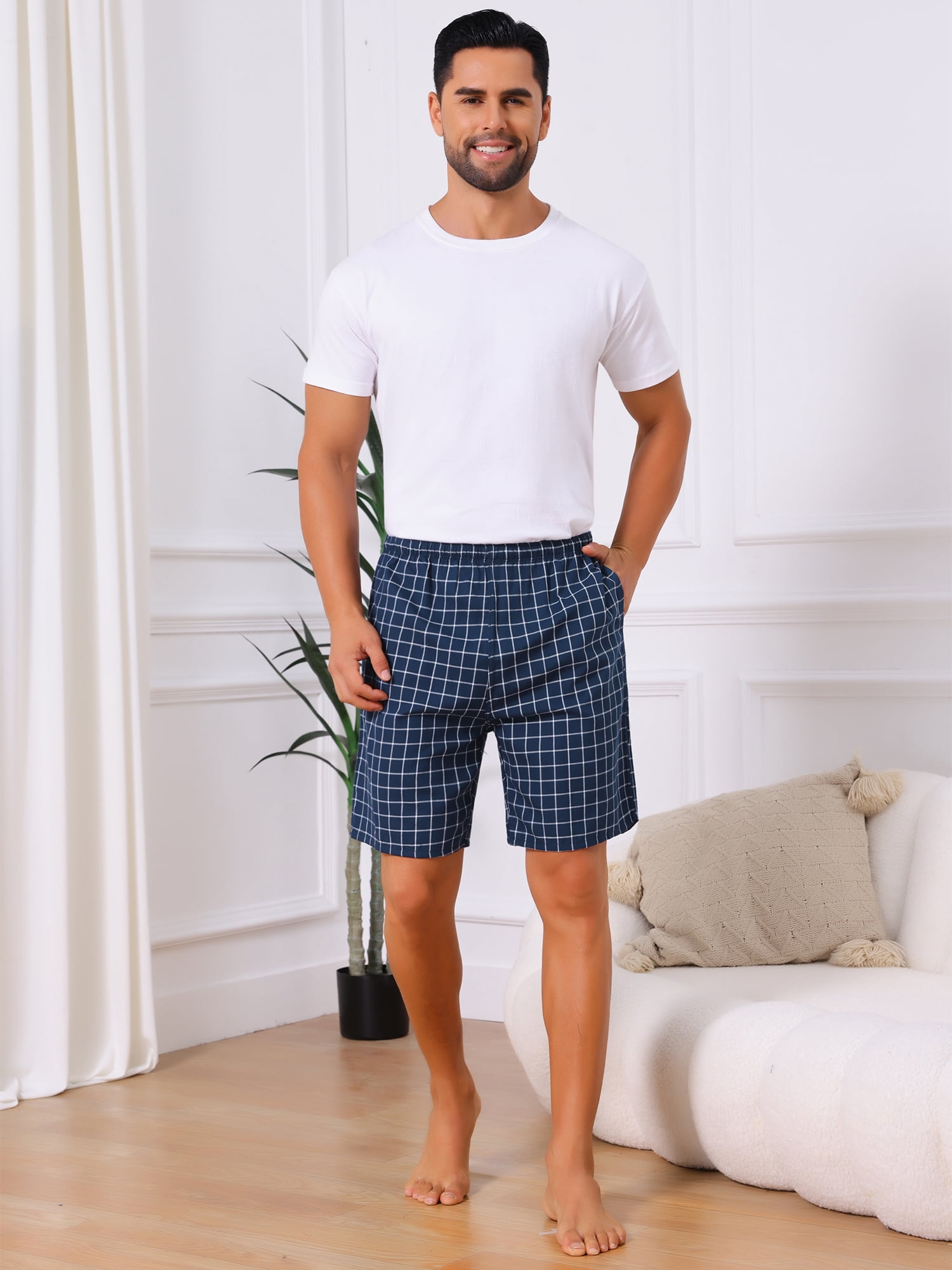 DARING DIVA Men's Elastic Waist Plaid Pajamas Sleep Shorts 34 Blue