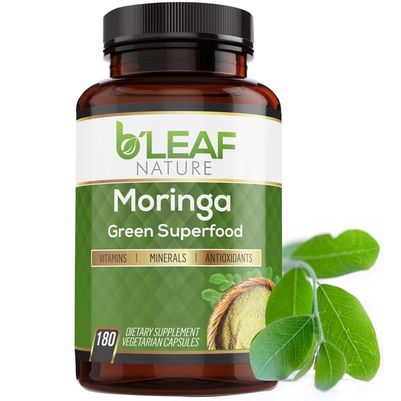 Pure Moringa 180 Capsules 1000mg - Immune System and Energy Booster - Pure Leaf Powder - Vegetarian Caps by B'Leaf Nature