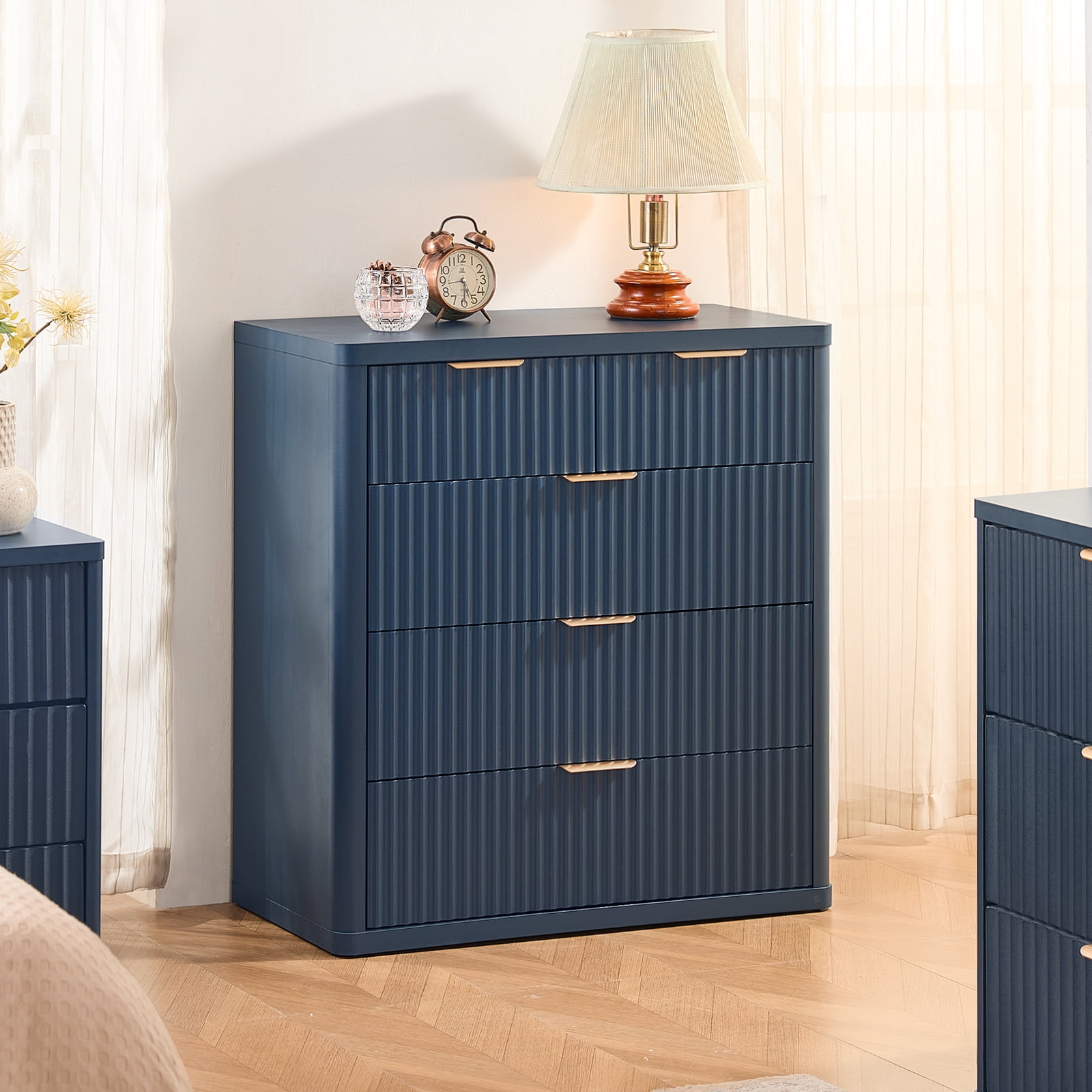 Leyaoyao Fluted Modern Dresser, 5 Drawers Adult Chest of Drawers, Blue, Engineered Wood, 34 inch Tall