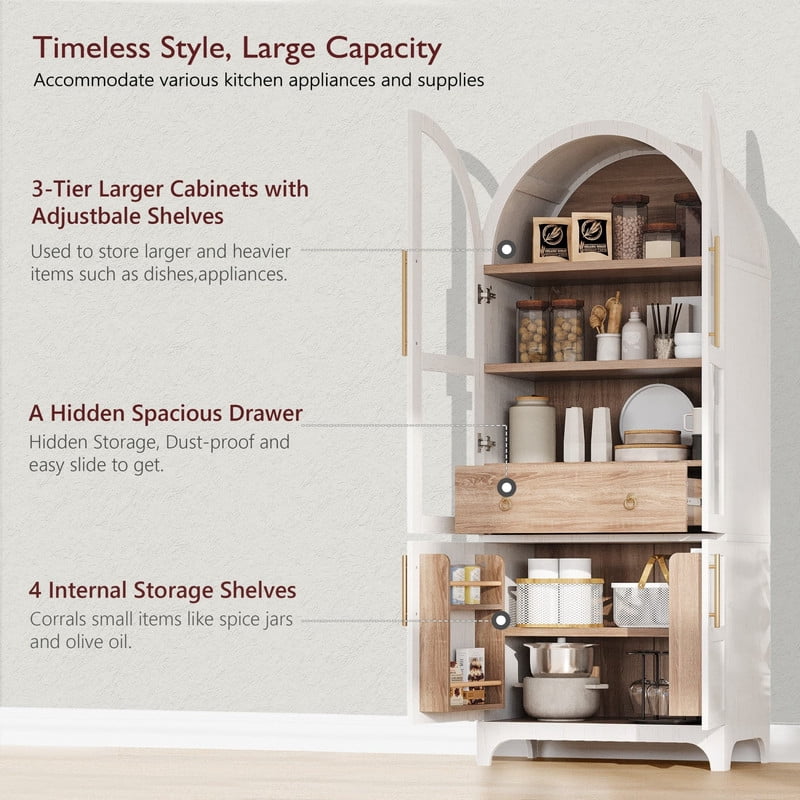 Arched Kitchen Pantry Cabinet with Door Shelves, 71" Tall Kitchen Storage Cabinet with Open & Adjustable Shelves, Freestanding Kitchen Cupboard with Hidden Drawer & Glass Door