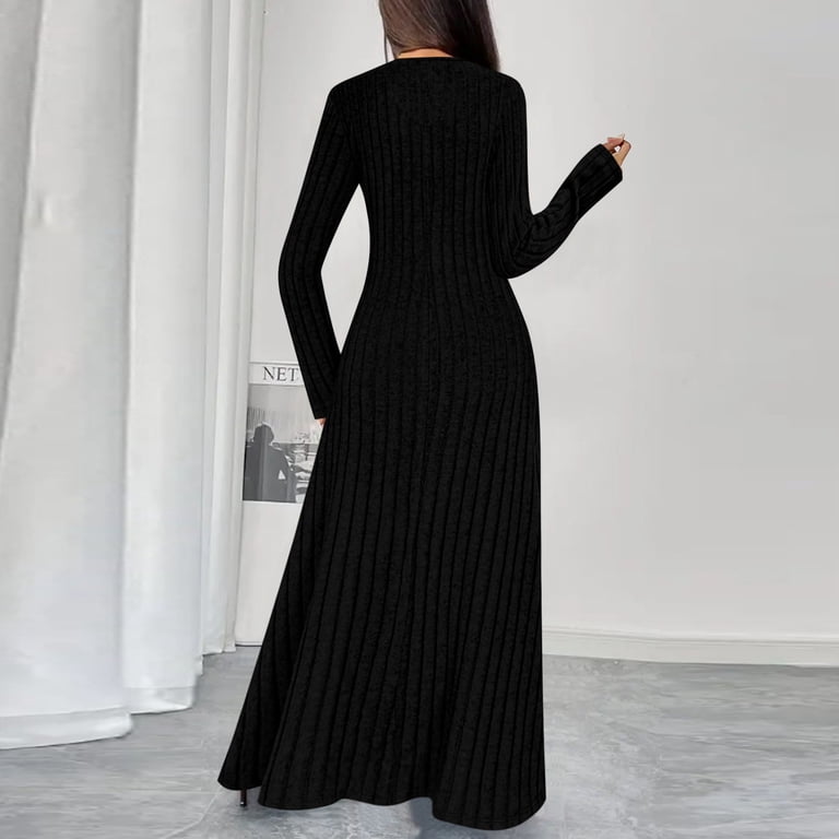 Women's Sweater Dress Knit Dress V-Neck Long Sleeve Single Breasted Button Elegant Maxi Dress for Spring Fall Casual,Black,M