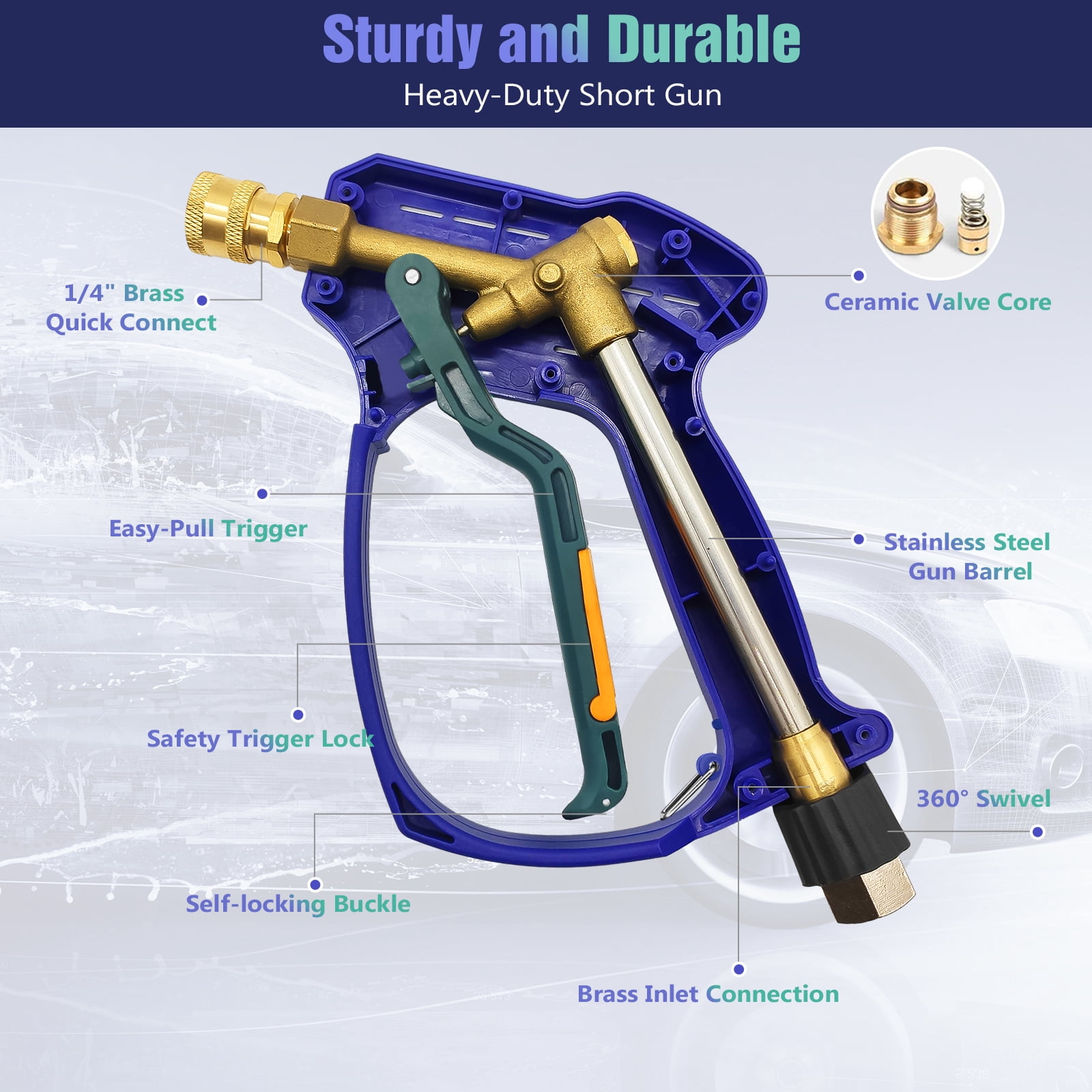 YeewayVeh Swivel Pressure Washer Gun, Short Washer Gun with 3/8" Quick Connect and M22 14 /15mm Fitting, Pressure Washer Gun for Foam Cannon with 2 Nozzles