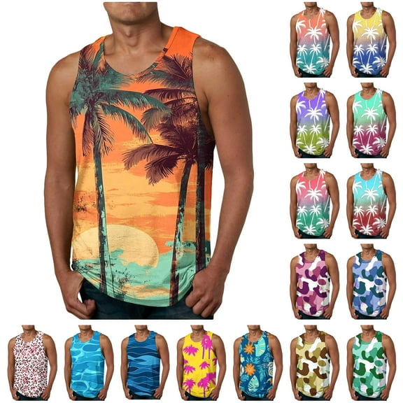 BiZtdJrK Mens Beach Tank Tops Summer Causal Crewneck Hawaiian T-Shirt Sleeveless Palm Trees Print Graphic Tee Shirt Vacation Outfits Blue XXL
