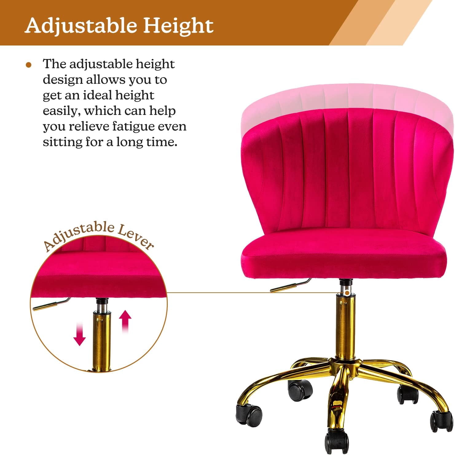 Office Desk Chairs with Wheels & Gold Base, Modern Velvet Cute Armless Office Chair, Adjustable Low Back Swivel Rolling Chair, Upholstered Task Chair for Living Room Vanity Study-Fushia