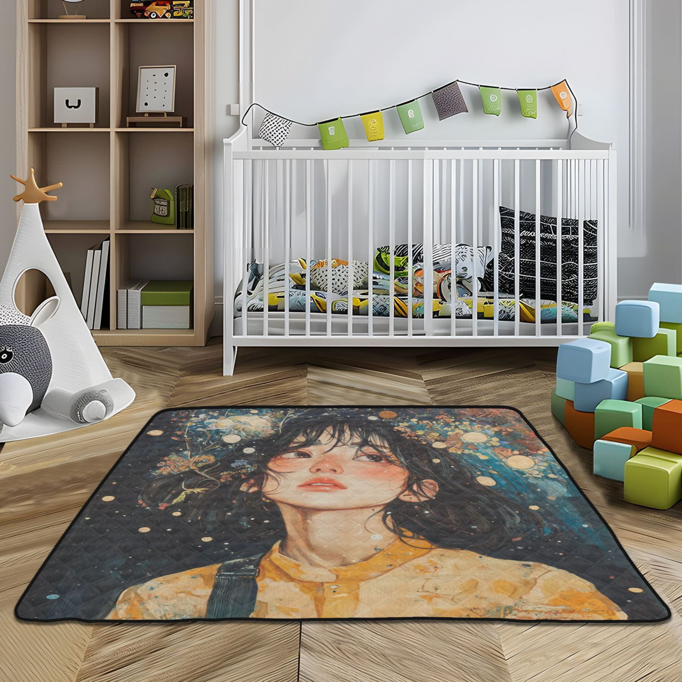 WOBOGO Black Hair Lass Baby Playmats Extra Large Waterproof Rollable Activity Pads for Toddlers 50×50inch
