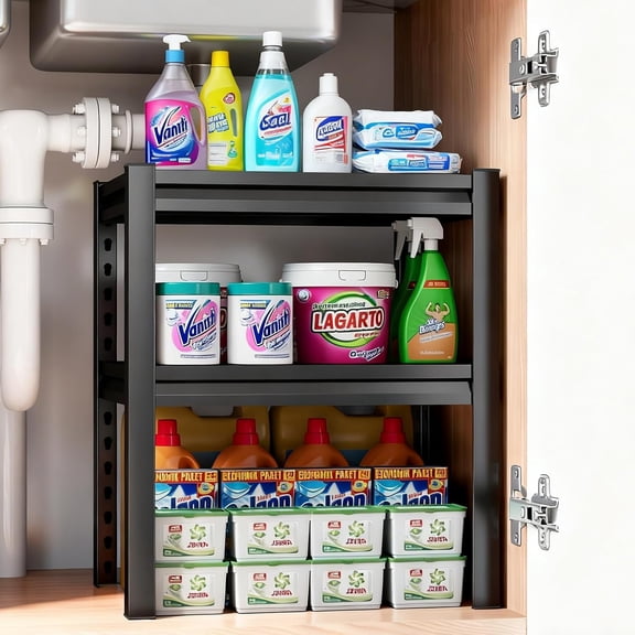 Under Sink Organizer, 2-Tier Storage Cabinet Shelf,Metal Shelf Kitchenette for Small Spaces,Cabinet Organizer,Metal Sliding Drawer for Kitchen Bathroom Pantry Cabinet Closet Organization Rack