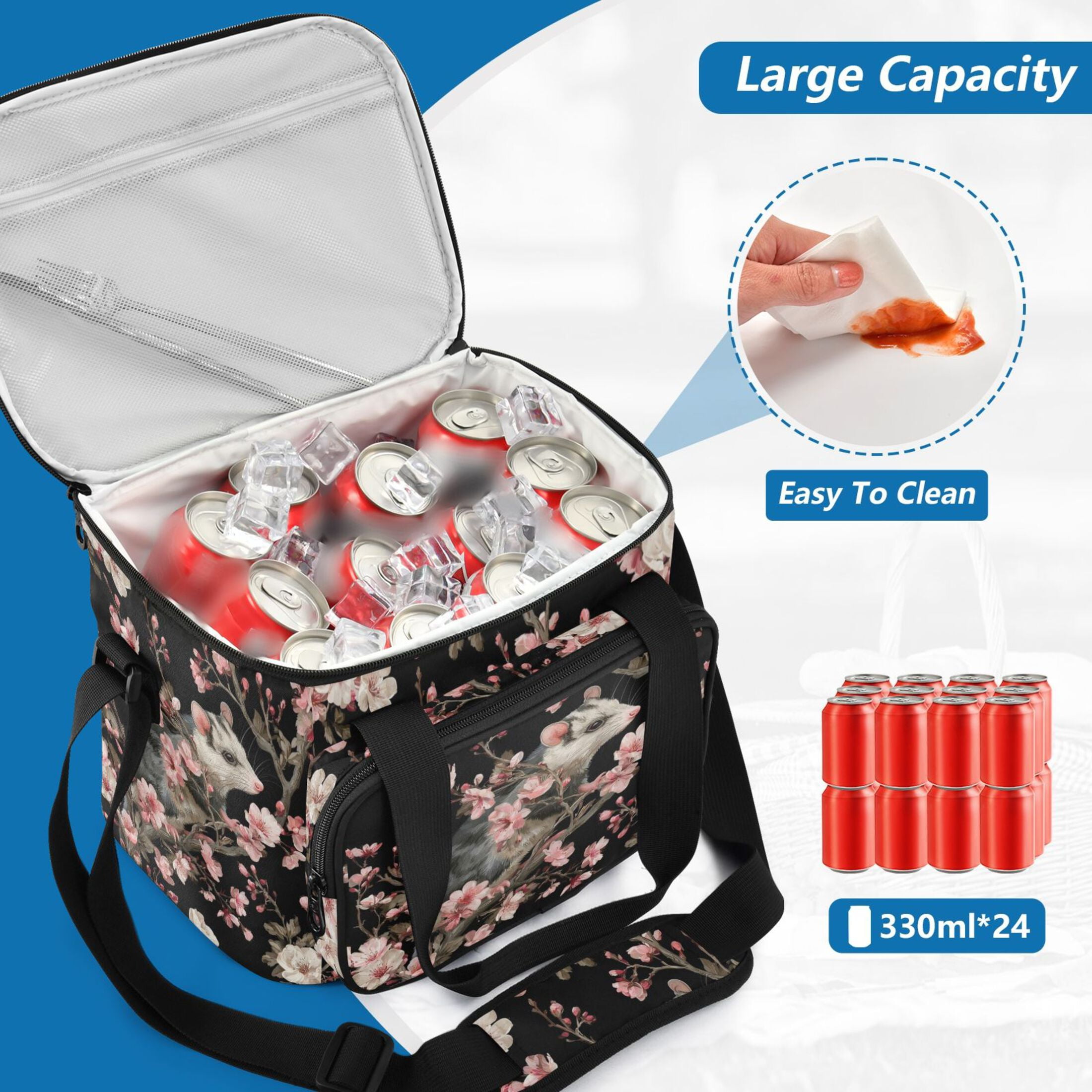Insulated Cooler Bag with Multiple Pockets Lightweight Lunch Box Tote for Travel Beach Camping Office Watercolor Opossum Pattern
