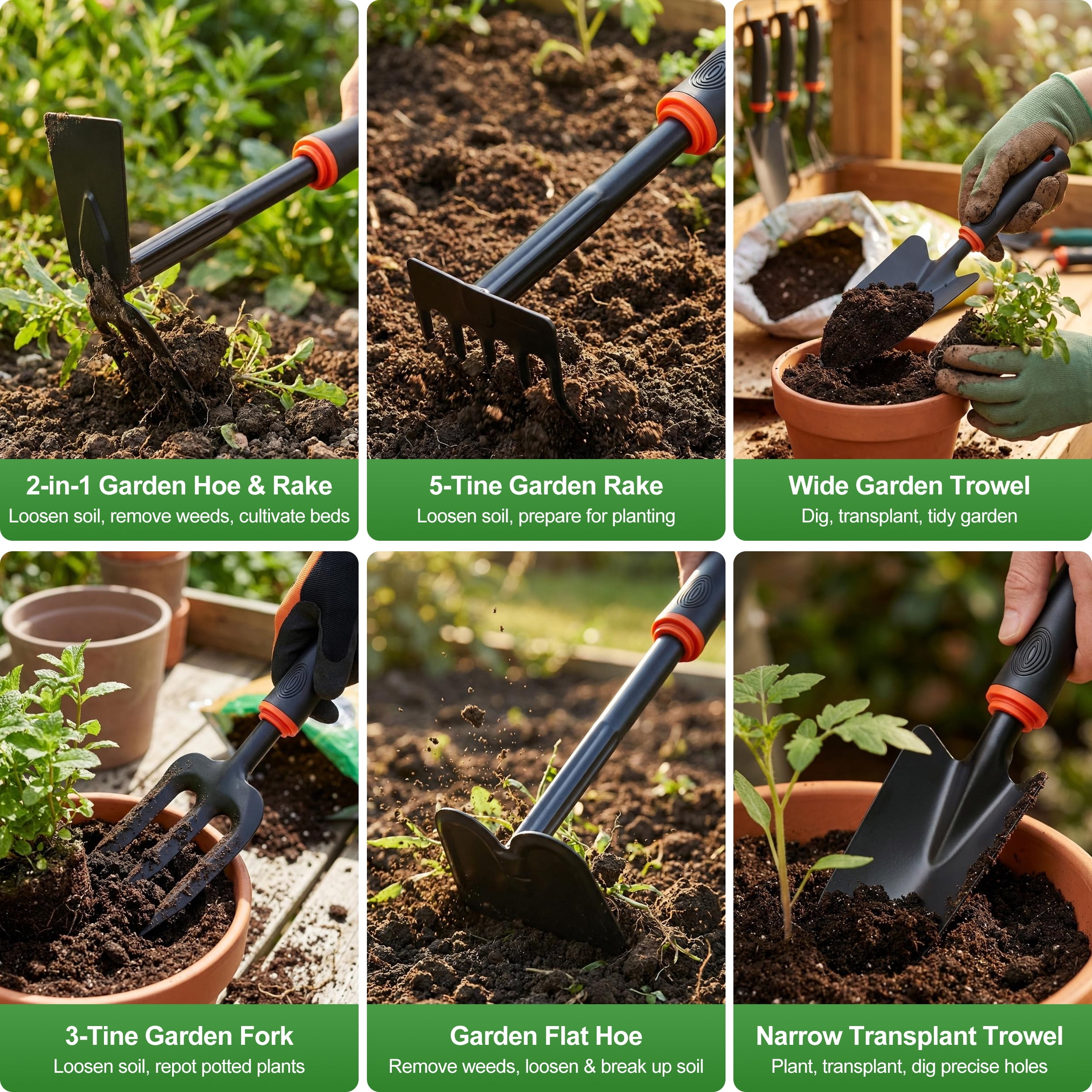 RELOIVE 5 Piece Garden Tool Set, Stainless Steel Gardening Tools with Anti-Slip Handles,Outdoor Hand Tools,Perfect for Planting, Weeding & Digging,Ideal Holiday Gift for Gardeners