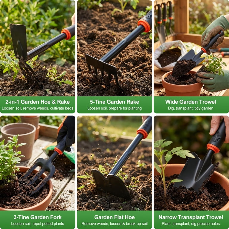 Removing different types of weeds with a trowel