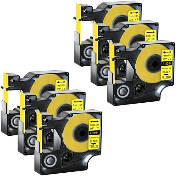 GREENCYCLE 6PK Industrial Rhino Heat Shrink Tubes Compatible for Dymo 18054 Black on Yellow Cable Label Tape (9mmx1.5m,3/8''x5ft) Use in DYMO Rhino Pro 1000 3000 4200 5000 5200 6000 Label Maker