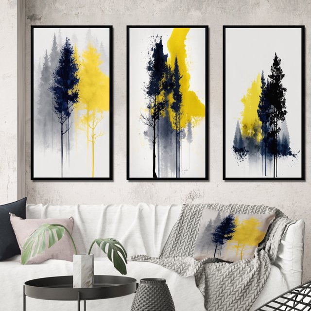 Designart "Majestic Forest Yellow III" Tree Framed Wall Art Set Of 3 - Yellow Tree Frame Gallery Wall Set For Home Decor