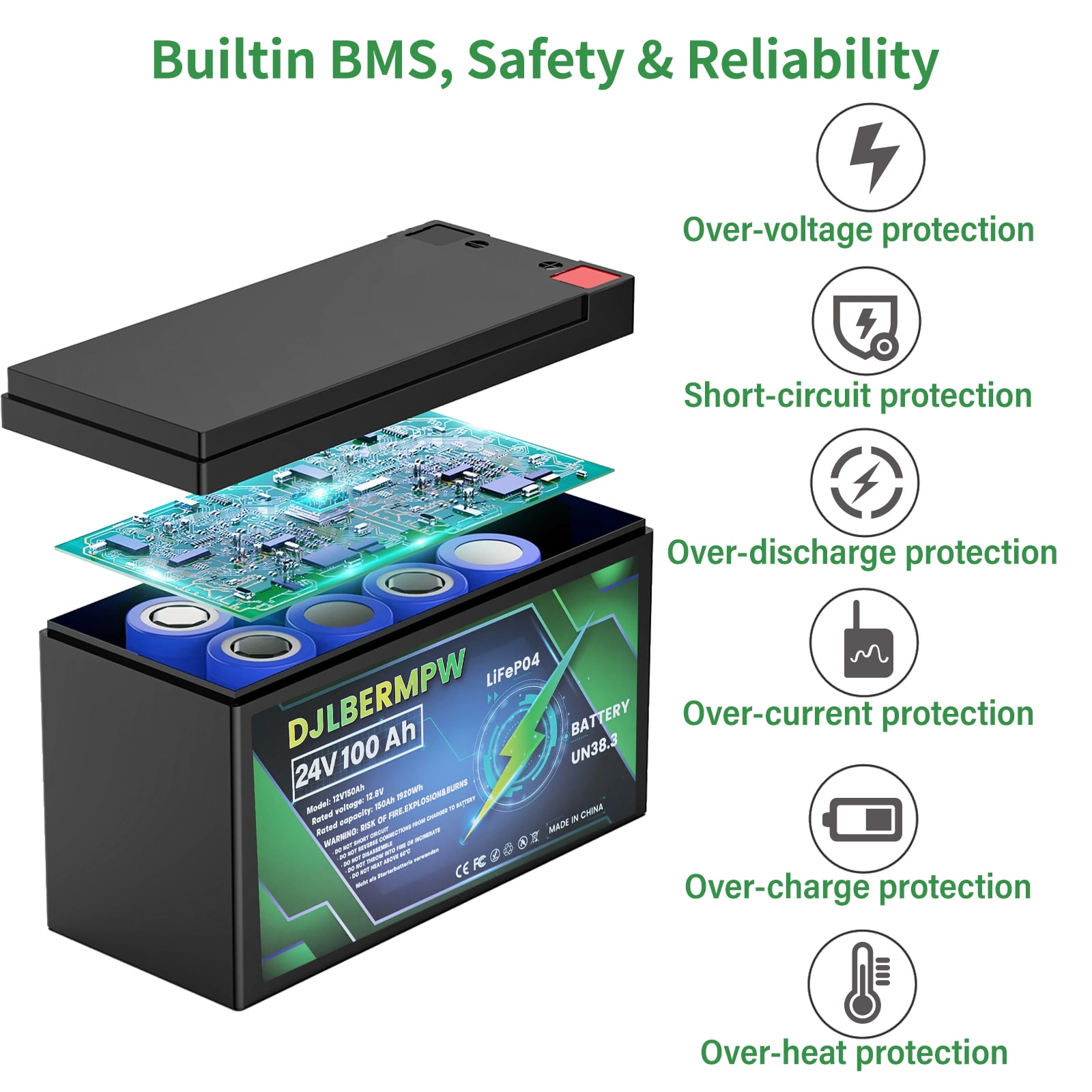 DJLBERMPW 24V 100Ah LiFePO4 Lithium Battery, 4000-15000 Deep Cycle Battery 100A BMS for RV, Solar System, Marine, Boat, Trolling Motor