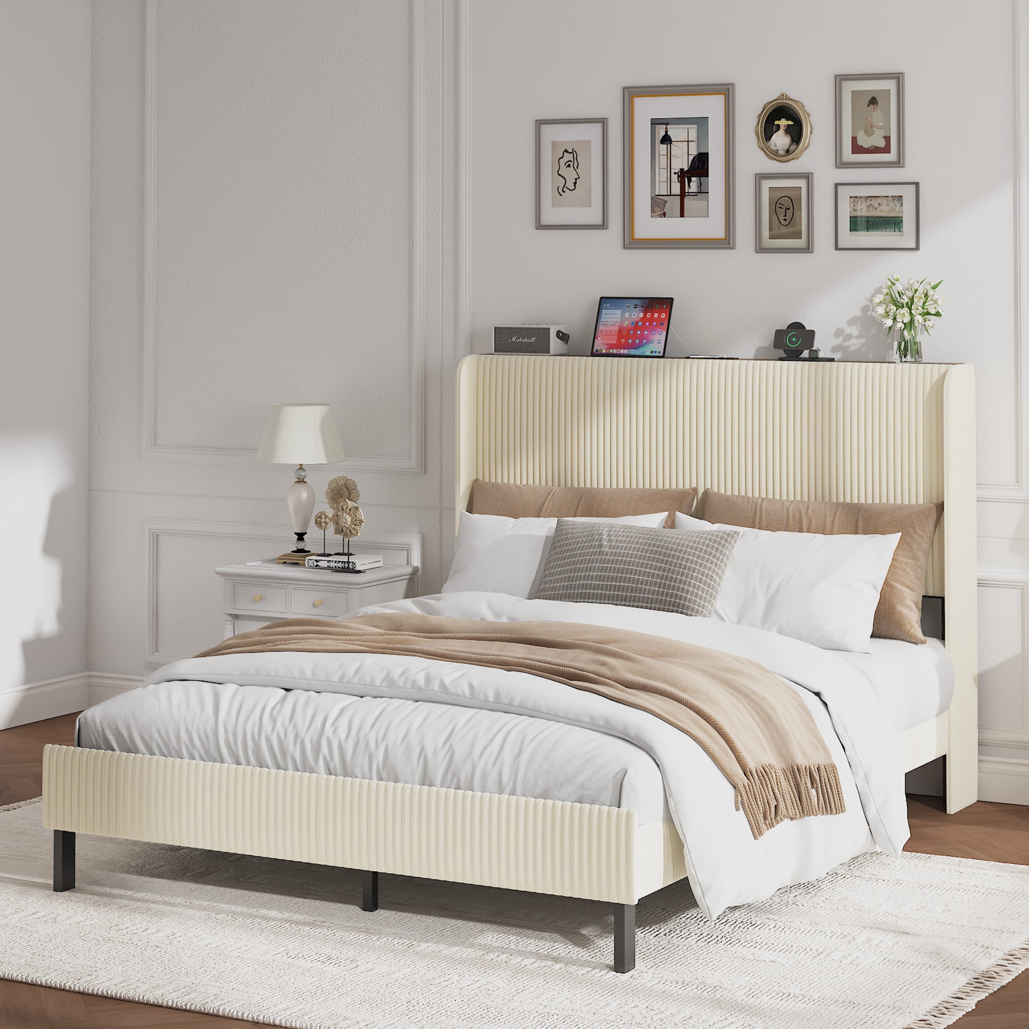 Modern Classic Queen Size Bed Frame with Charging Station,Sturdy Metal Construction,Noise-Free Design,Easy Assembly,No Box Spring Needed for Bedroom,Dorm,Apartment House,Beige