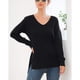 thumbnail image 2 of Suéter de punto de manga larga con escote en V y aberturas laterales: top casual de color puro para mujer, negro, mediano, 2 of 6
