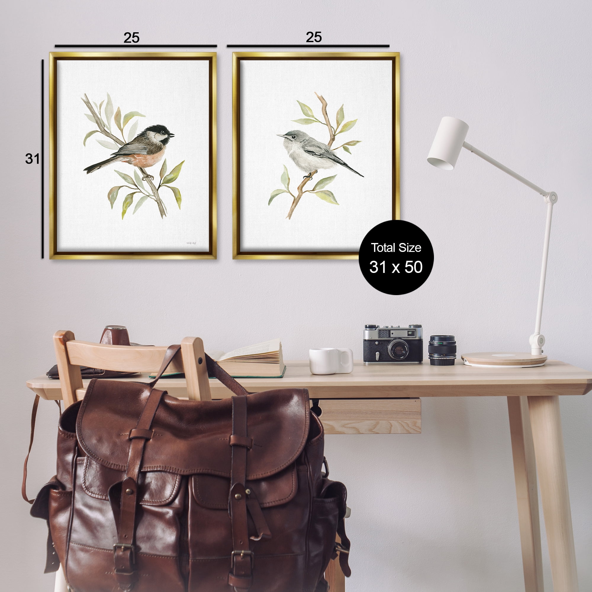 Stupell Industries Small Birds on Branches Animals Painting Gold Floater Framed Canvas Art Print Wall Art, 31 x 25, Set of 2