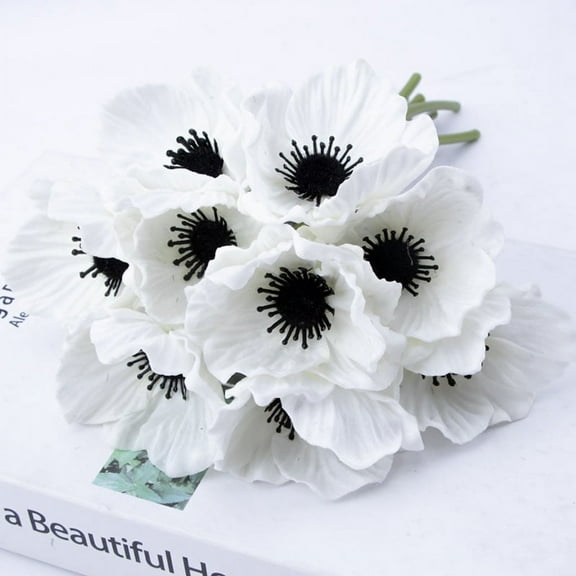 ERDOUY Anemone - 10 PCS Bouquet Real Touch Artificial Flowers for Floral Arrangements and Home Decor (11.5 Inches) (White)