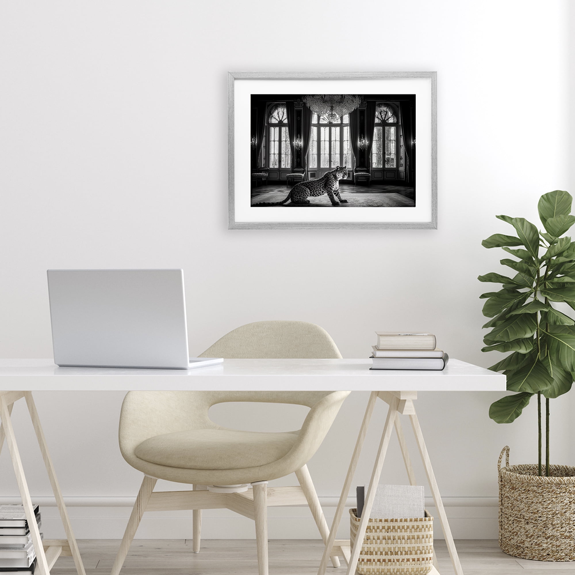 Snow Leopard in Opulent Mansion Gray Framed Print Under Glass, design by Decent Exposures