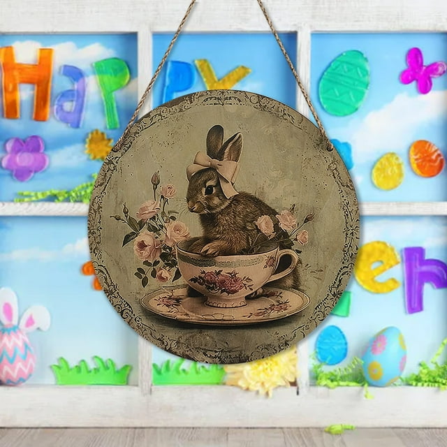 Easter Wooden Circular Door Decoration Pendant Easter Egg Festive Atmosphere Decoration Board