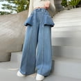 thumbnail image 4 of Girls Wide Leg Denim Jeans, Trendy Straight Leg Wide Leg Pants Zipper Ruffled Hem Back Pants with Pockets for Girls, 4 of 7