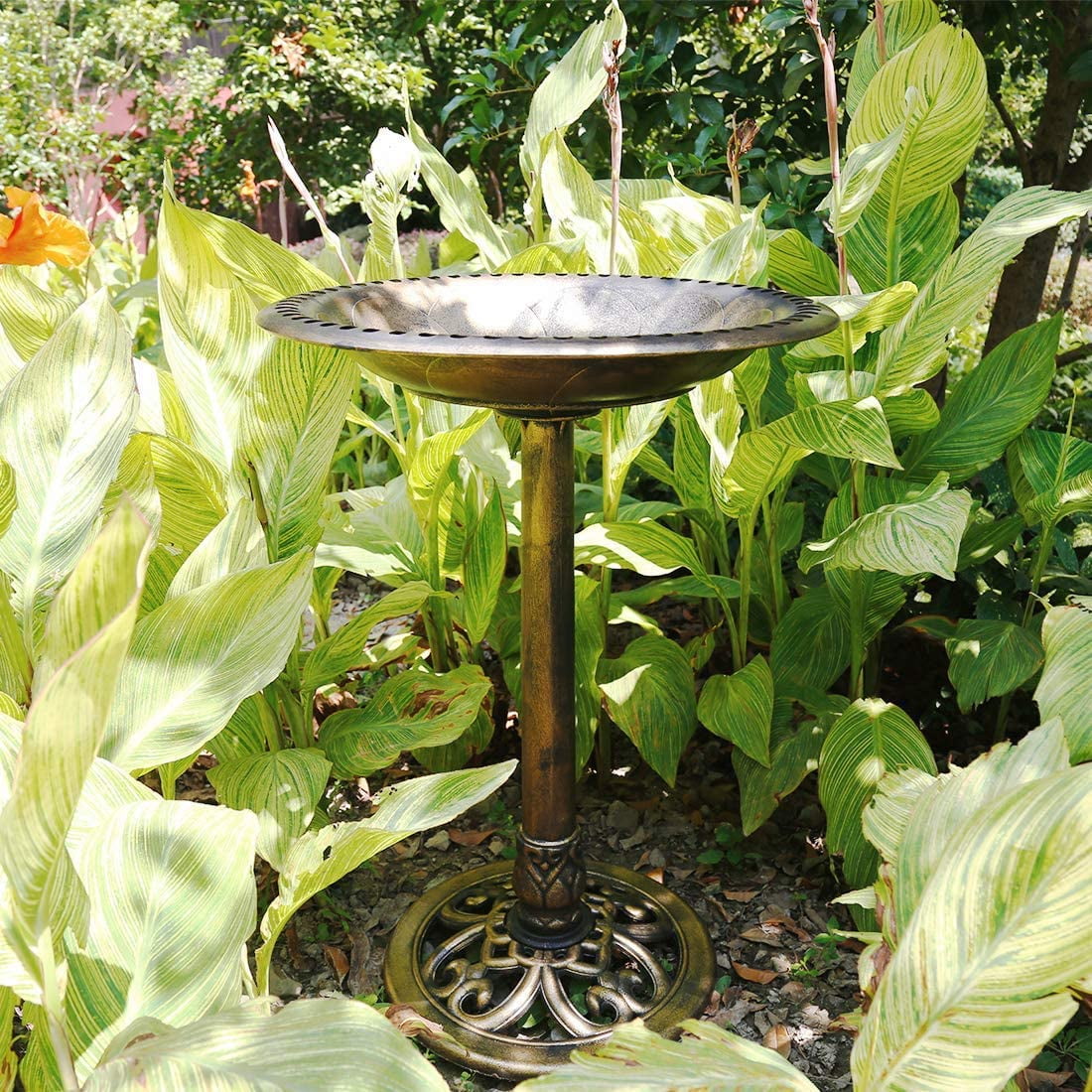 SPECSTAR Bird Bath, Polyresin Antique Outdoor Golden Garden Birdbath and Solar Powered Round Pond Fountain Combo Set