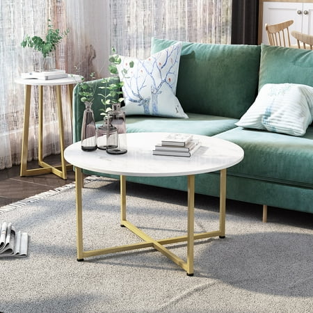 Modern Round Coffee Accent Table for Living Room, Contemporary Style Wooden Tea Table with Faux White Marble Top & Sturdy Golden Metal Frame (While+ Golden)