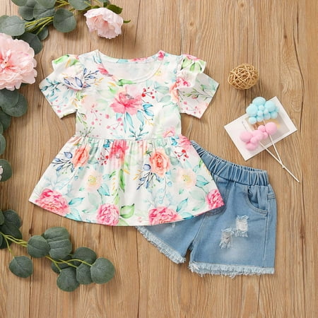 

Leutsin Summer Girl s Sun Flower Short-sleeved Top Lace Patch Jeans Two-piece Suit