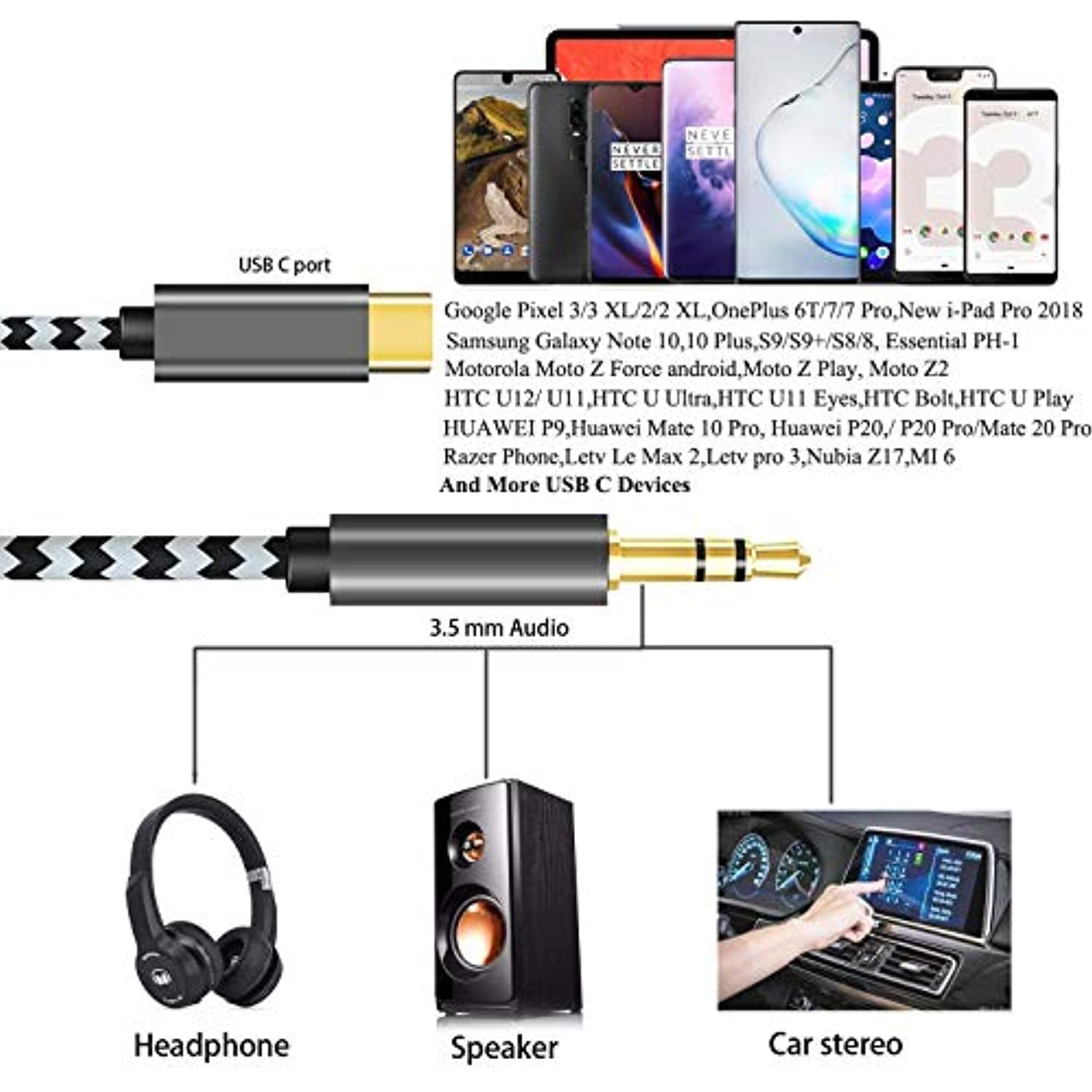 Zebra Drift USB C Male to 3.5mm Male Extension Headphone Audio Stereo Cord Car Aux Cable Compatible Google Pixel 4/3 XL/2/ 2XL Galaxy Note 10/10+ More Type C to 3.5mm Audio Aux Jack Adapter 
