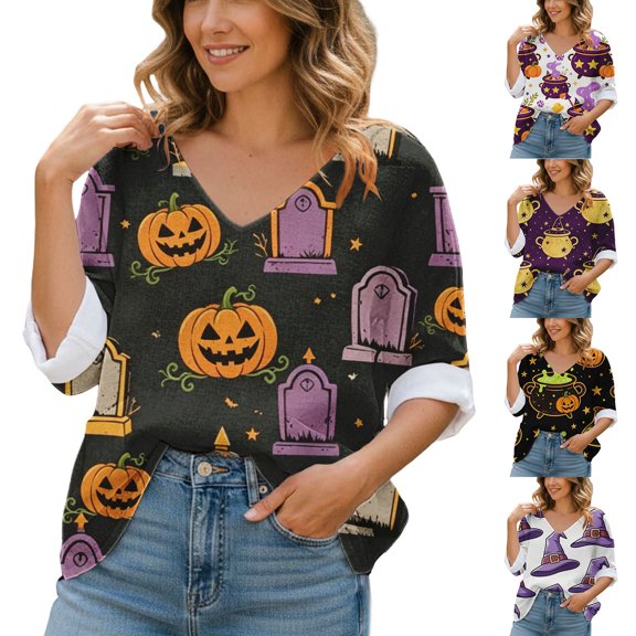 IMENGL Women's Long Sleeve Tops Loose Halloween Print Lightweight Blouses Art Print V Neck Casual Basic Long Sleeve Shirt for Women,M-XXL