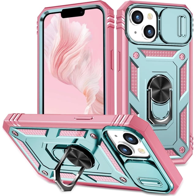 Funda para iPhone 14 Plus, para mujer, con tapa deslizante y soporte, a prueba de golpes, TPU, resistente, con textura mate, diseño híbrido para iPhone 14 Plus, verde y rosa
