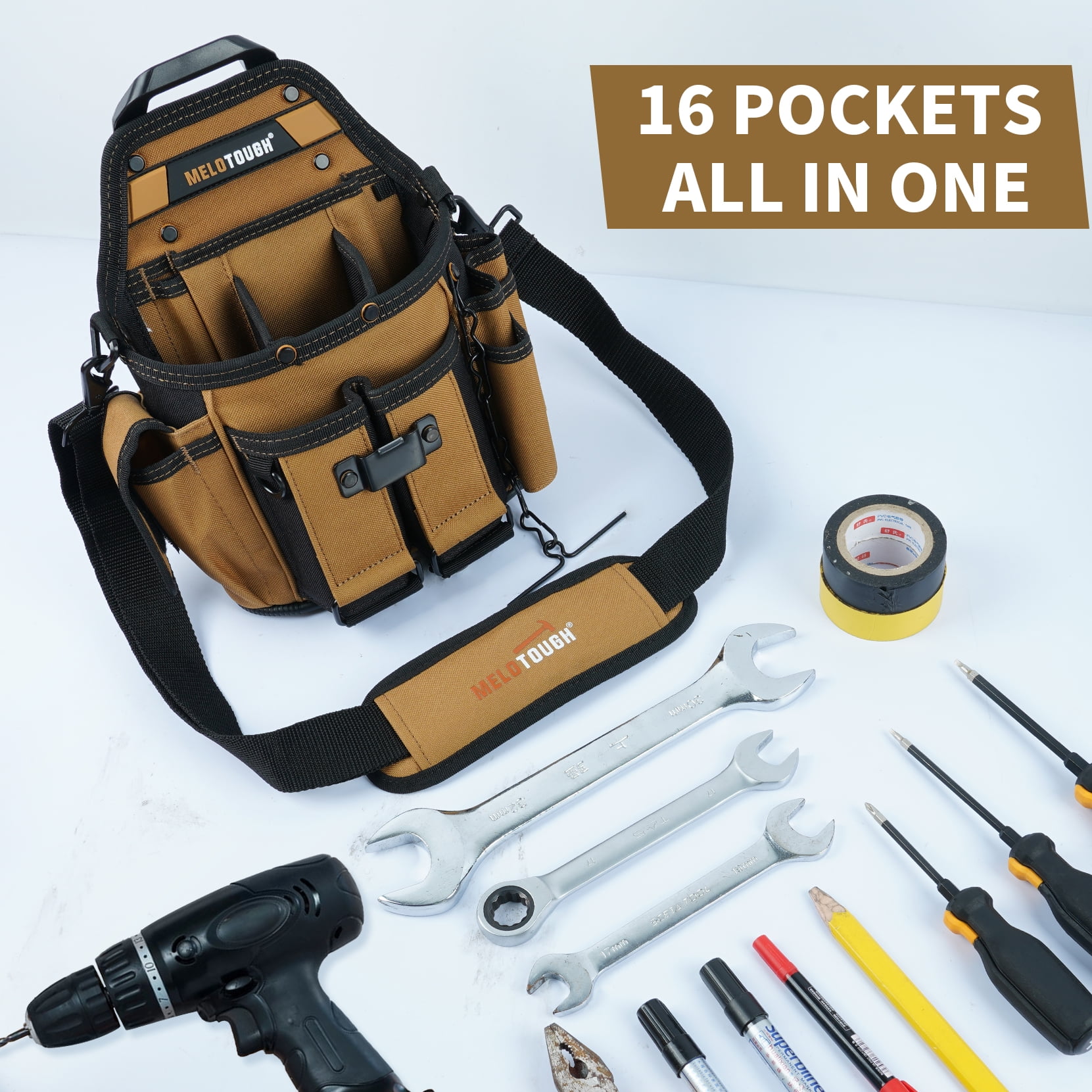 MELOTOUGH Electrician Tool Pouch Bag with Shoulder Strap Professional 15 Pockets Tool Pouch with Belt Clip Quickly Attach and Release Tool Bag