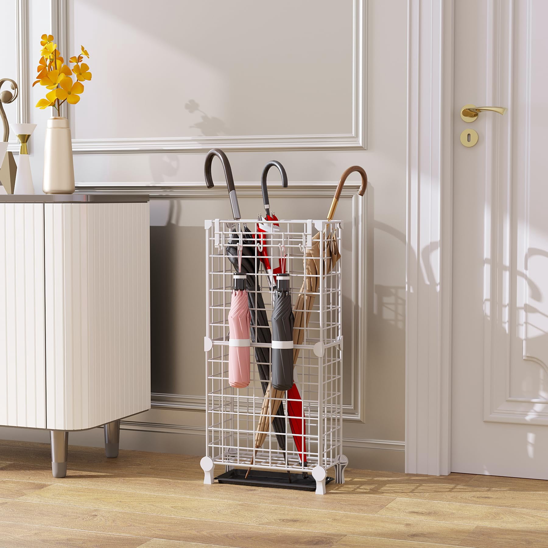 Umbrella Holder Entryway  Stand Freestanding Metal Square Rack Organizer With A Removable Drip Tray Hooks White