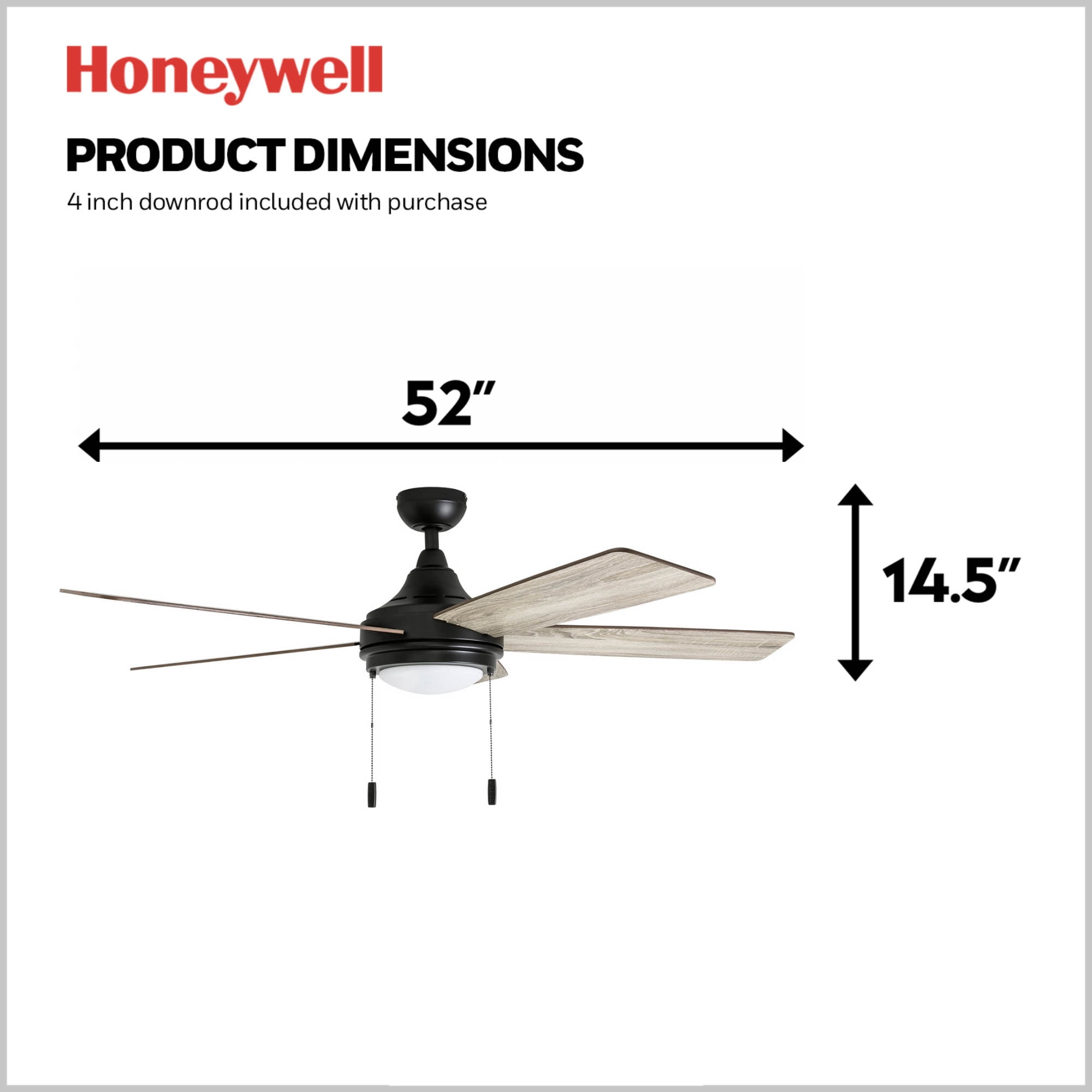 Honeywell Ventnor 52" Modern Bronze Ceiling Fan with Light, 5 Blades, Remote & Reverse Airflow
