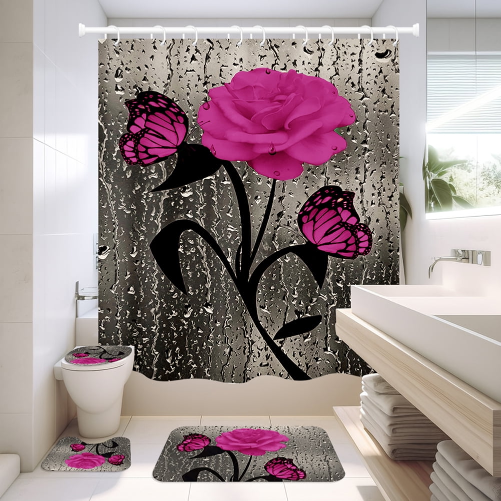 4 Pcs Bathroom Shower Curtain Set Pink Rose Shower Curtain Bathroom Sets Valentine's Day Shower Curtain Sets with Rugs(Bath Mat,U Shape and Toilet Lid Cover Mat) and 12 Hooks