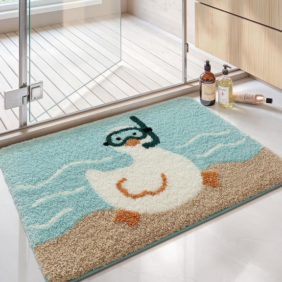Cute Duck Beach Theme Cartoon Animal Bath Mat, Ultra Soft Non-Slip Door Mat, Absorbent Microfiber Bath Rug, Machine Washable for Bathroom,32 x 20 Inch (Blue-Green)