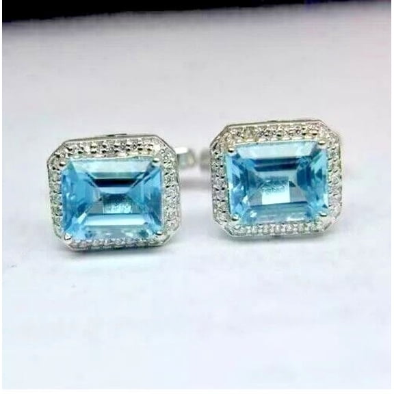 2Ct Emerald Cut Lab Created Blue Topaz Men's Gift Cufflinks 14K White Gold Plated