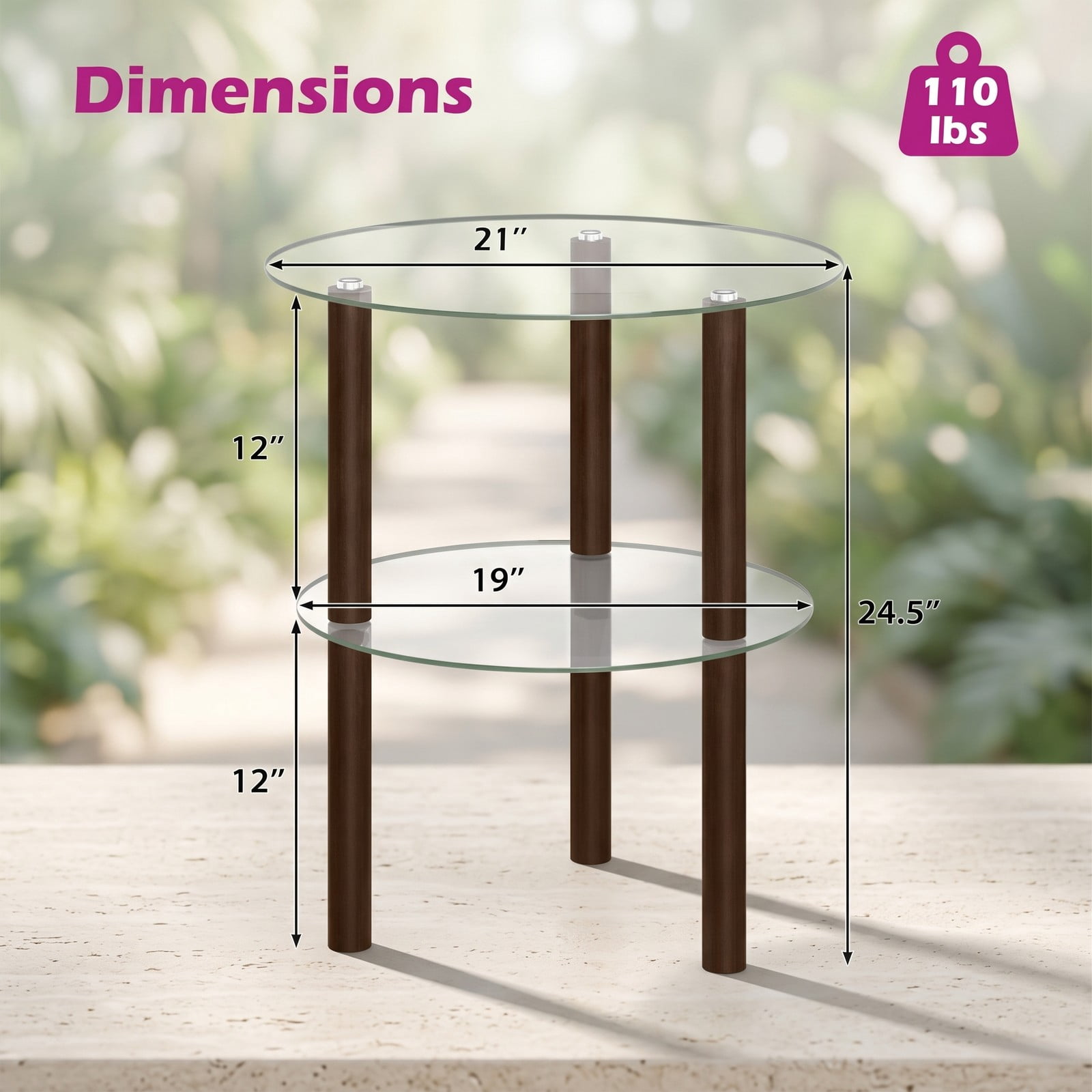 Furnibear 2-Tier Round End Table with Clear Tempered Glass Top and Storage Shelf, Rubber Wood Legs Side Sofa Nightstand for Living Room Bedroom, Brown