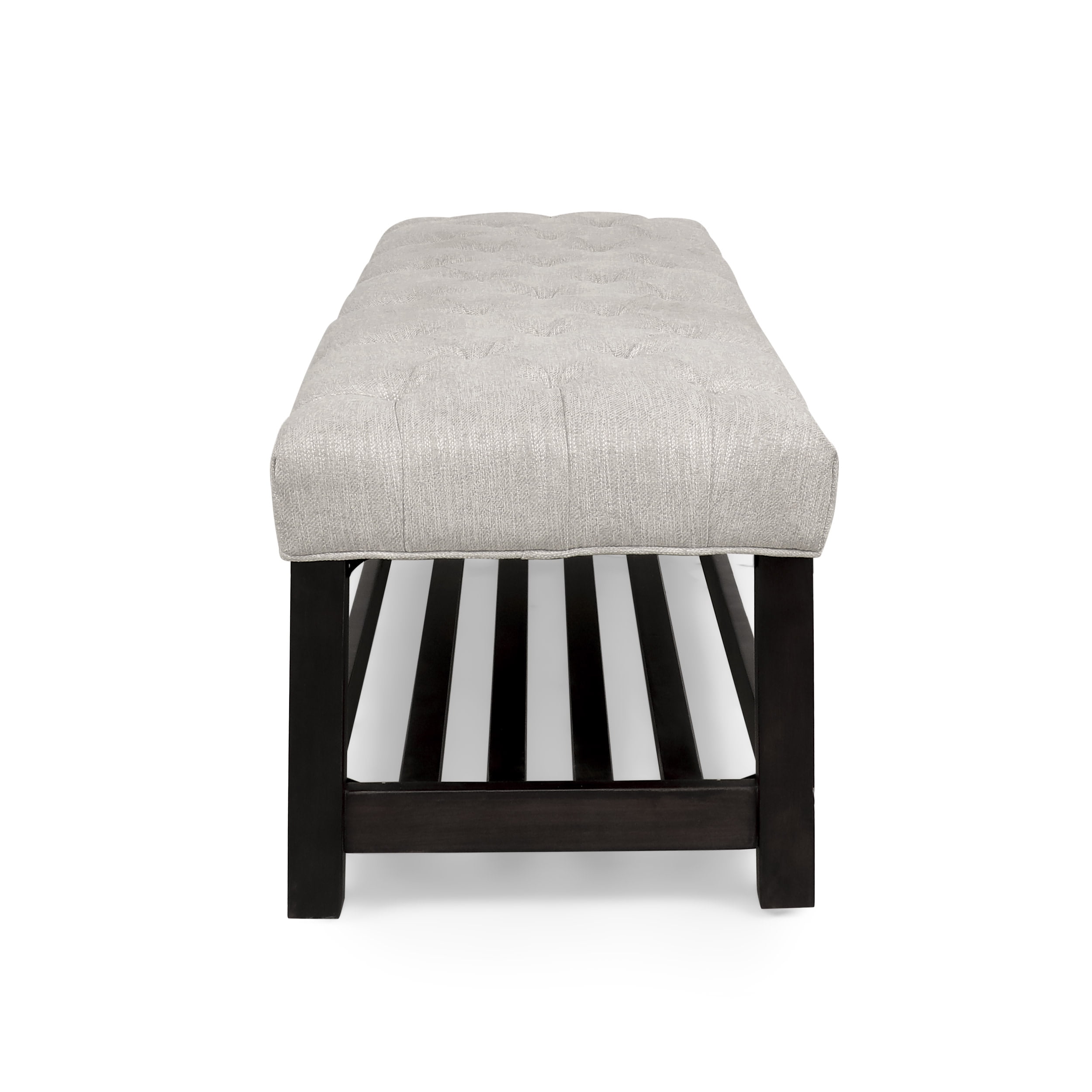 Noble House Wichita Fabric Button Tufted 18.25 inch Bench with Shelf, Beige and Dark Walnut