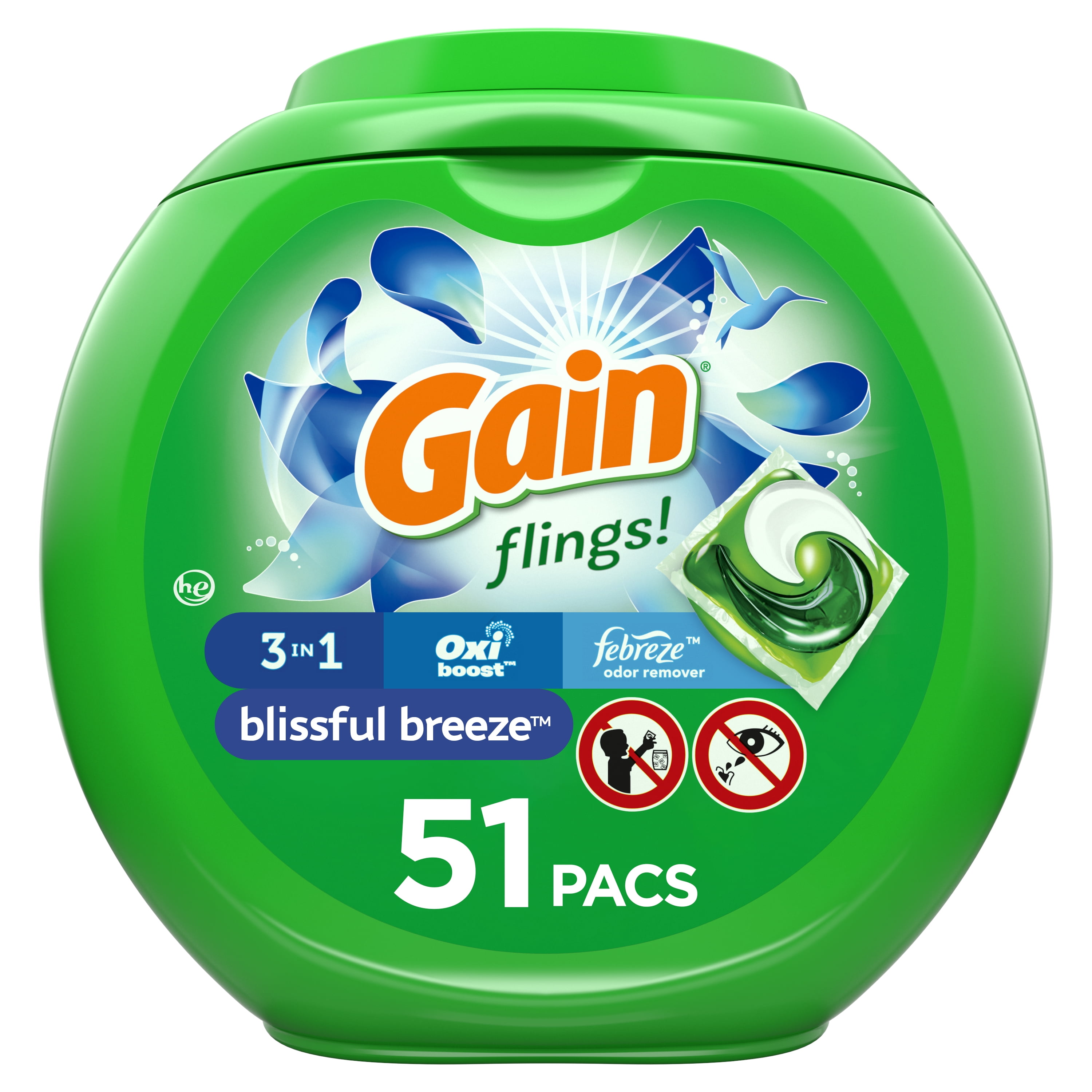 Gain Flings Blissful Breeze, Laundry Detergent Pacs, 51 ct
