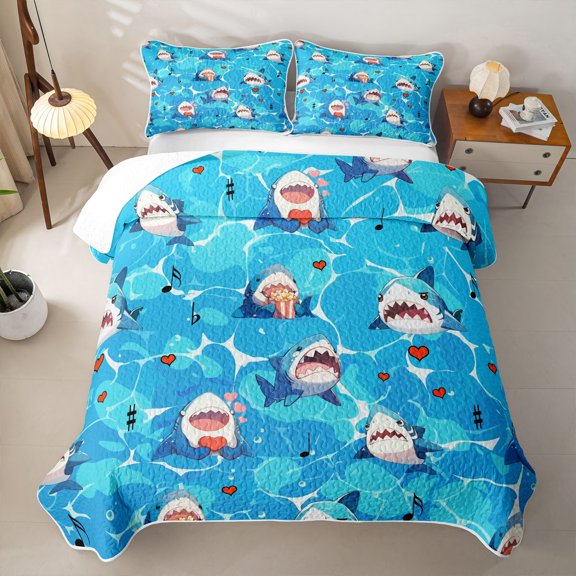 Feelyou Cartoon Shark Twin Quilt Set for Boys Girls, Ocean Cute Marine Wildlife Twin Coverlet Set, Blue, 2-Piece