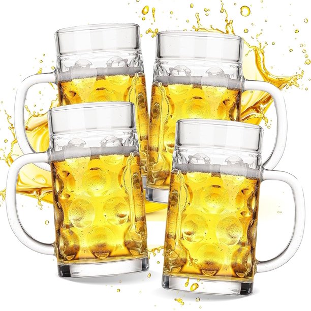 Juego de 4 tazas de cerveza de vidrio para congelador, 20 onzas, con asa, jarra de cerveza de vidrio grande, taza de cerveza para agua, bebidas, vasos sin plomo para hombres en el pub