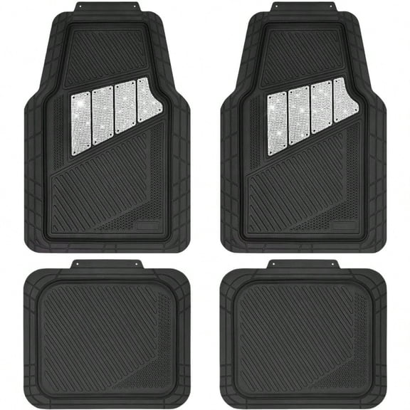CAR PASS Heavy Duty Rubber Floor Mats 4Piece Bling Car Mats Full Set Universal Waterproof Floor Mats for SUV Truck Durable All Weather Car Mats Automotive Mats for Women Glitter Sier