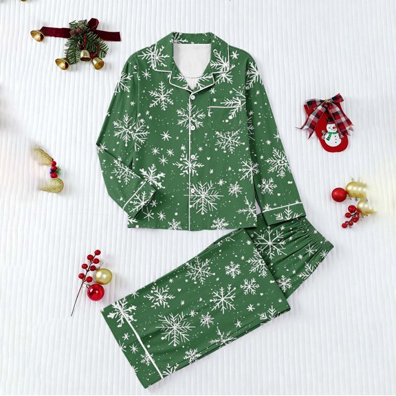 YUNAFFT Festive Print Notch Collar Pajama Set with Long Sleeve Top and Pants for Women