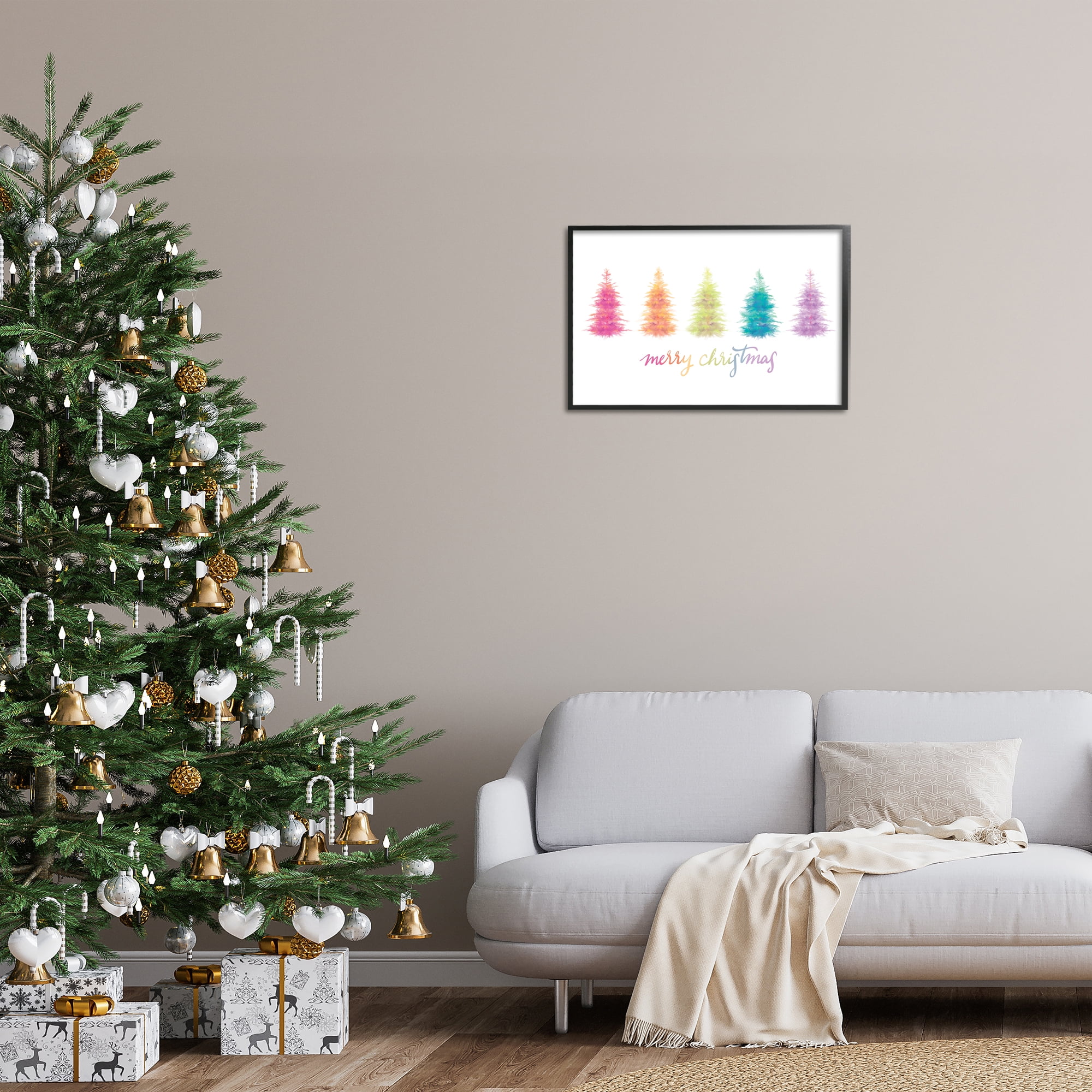 Stupell Industries Rainbow Christmas Trees Holiday Painting Black Framed Art Print Wall Art, 24 x 16