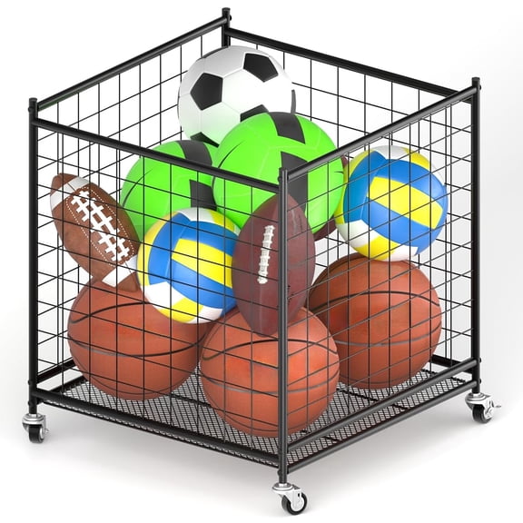 Ztysn Basketball Volleyball Metal Storage Rack Cage Organizer,22.83" Ball Cart Movable Garage Sport Equipment Holder for Playgroup,Club,School/Black