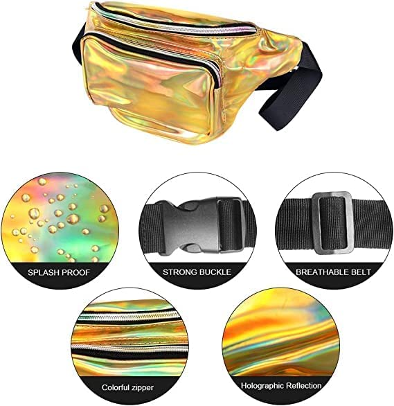 LINLIN Waist Bag, Holographic Fanny Pack for Women/Men Waterproof Resistant Crossbody Waist Bag with Adjustable Belts for Travel, Party, Festival Rave, Running, Hiking