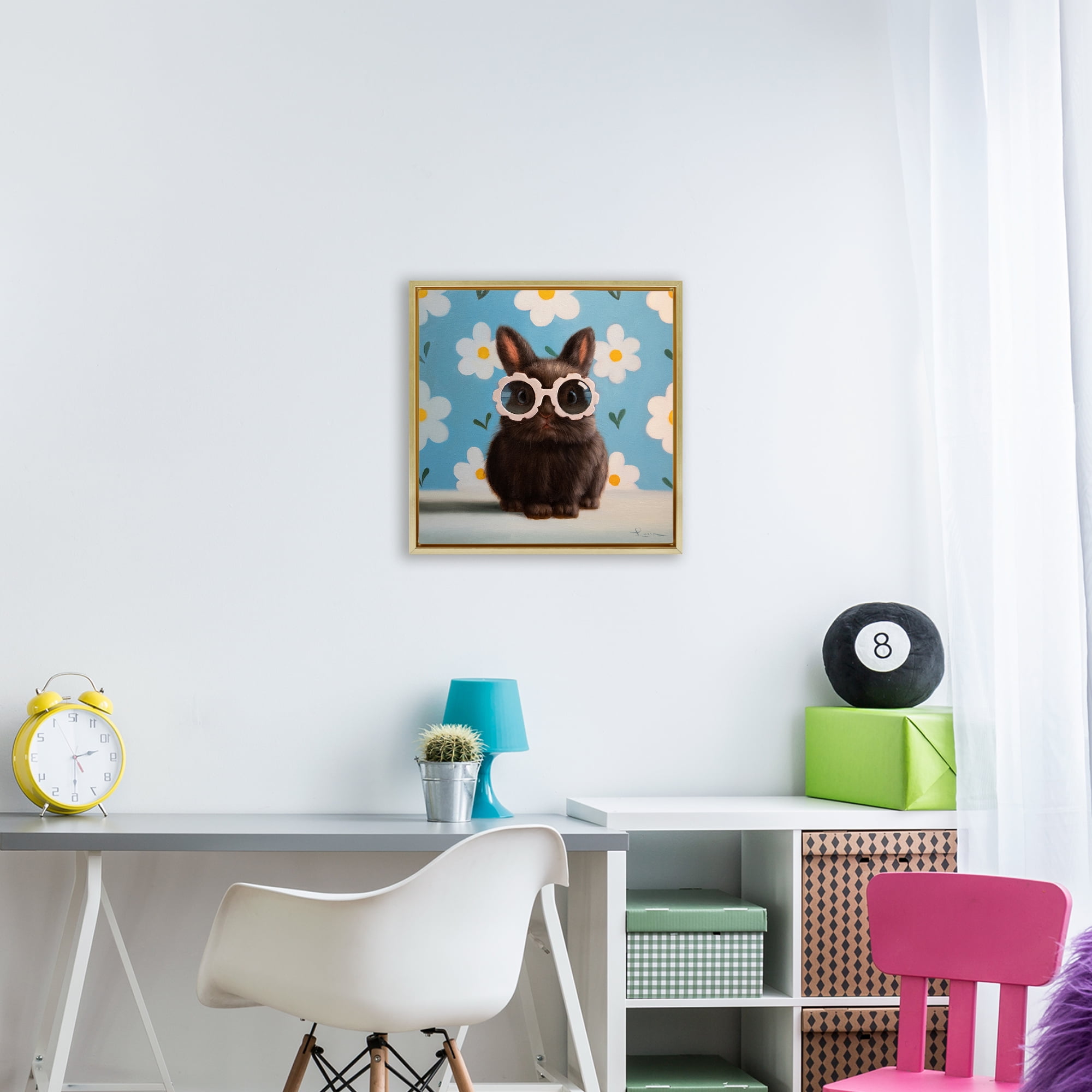 Flower Child Bunny Gold Framed Floater Canvas Wall Art, design by Lucia Heffernan