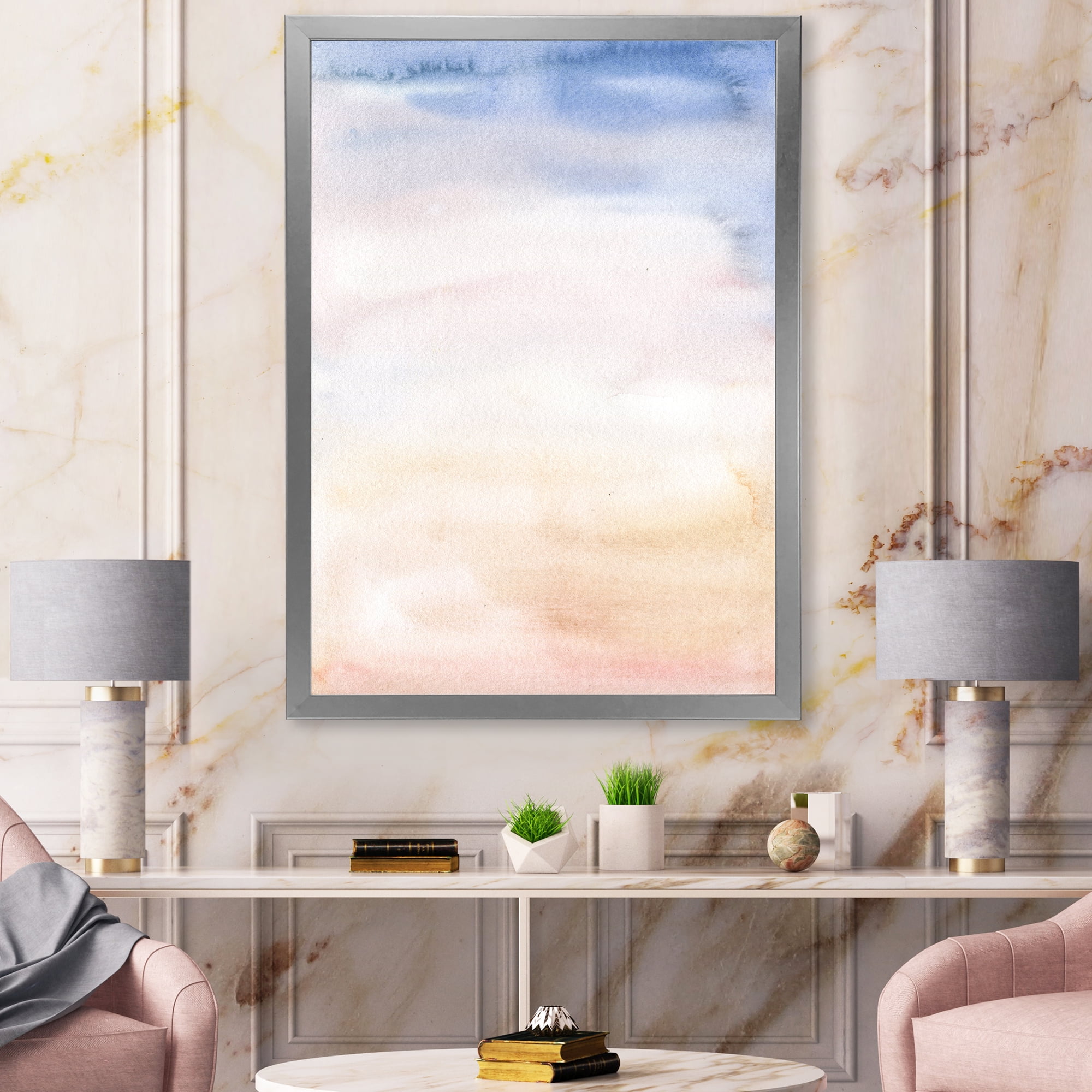 Designart 'Pastel Abstract With Pink Dark Blue and Beige Spots' Modern Framed Art Print