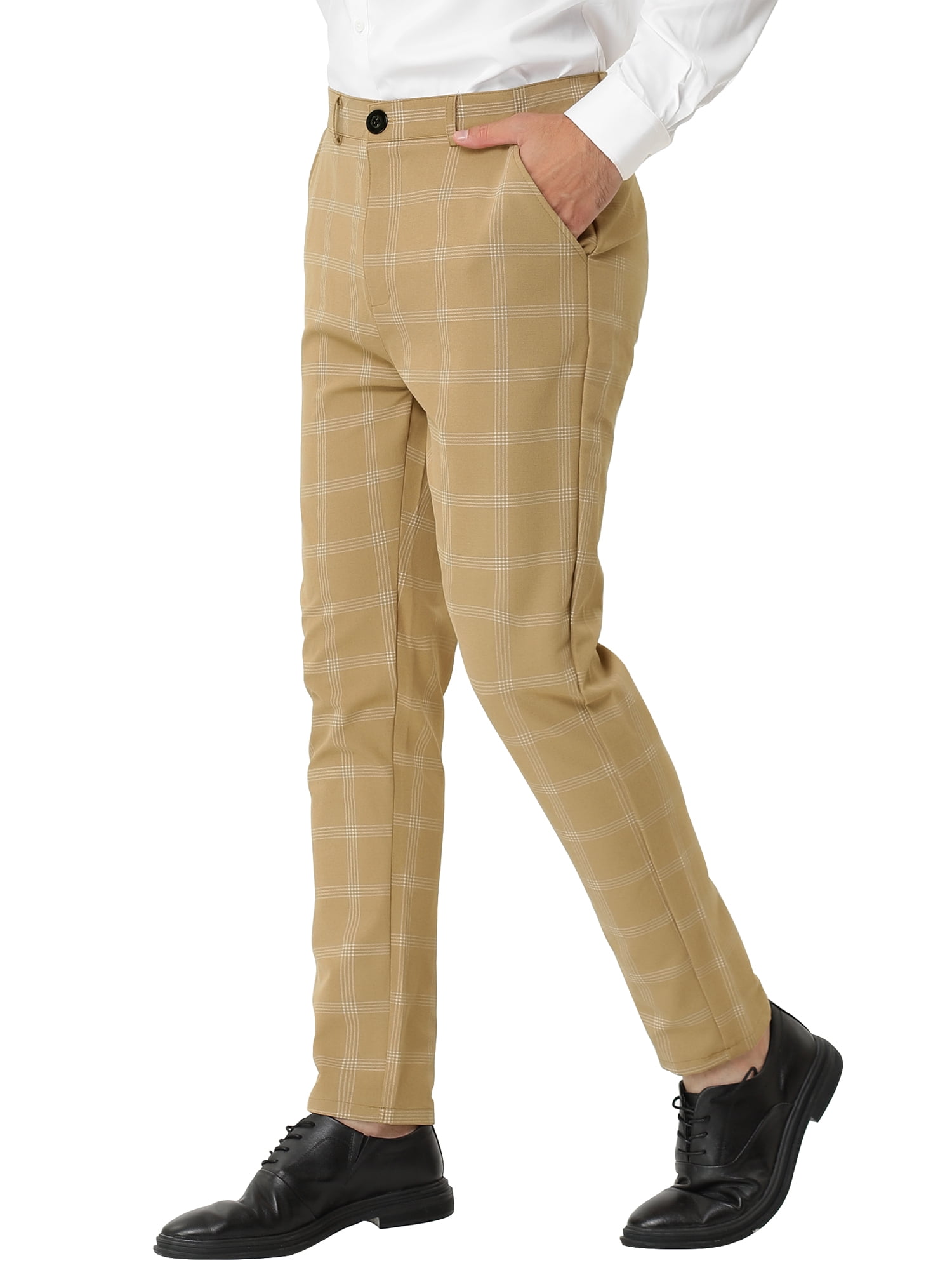 Unique Bargains Men's Plaid Pattern Slim Fit Flat Front Business Pants with Pockets 36 Khaki
