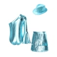 thumbnail image 4 of inlzdz Girls 3Pcs Groovy Jazz Dance Disco Outfit Metallic One Flared Sleeve Leotard with Tassel Skirt Sequin Hat Set Blue 16, 4 of 7
