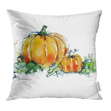 CMFUN Ripe Orange Two Pumpkins with Green Leaves Vegetable Autumn Harvest Watercolor Pillowcase Cushion Cases 16x16